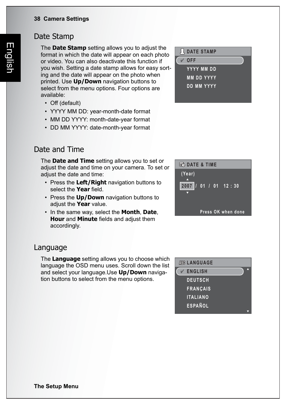 Date stamp, Date and time, Language | Date stamp date and time language, English | Sanyo Xacti VPC-E760 User Manual | Page 52 / 62