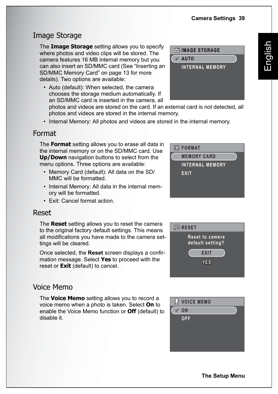 Image storage, Format, Reset | Voice memo, Image storage format reset voice memo, English | Sanyo Xacti VPC-E760 User Manual | Page 53 / 62