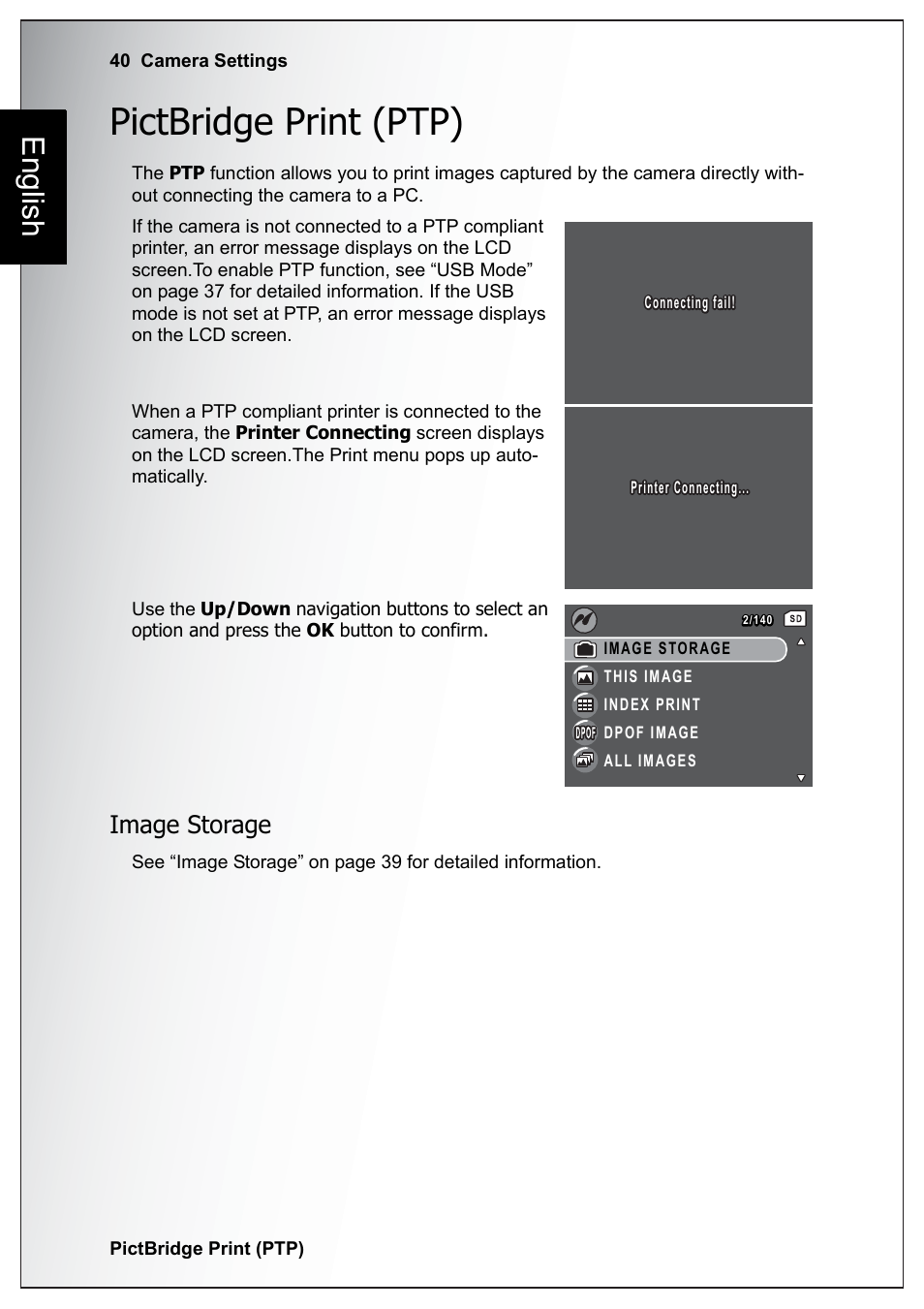 Pictbridge print (ptp), Image storage, English | Sanyo Xacti VPC-E760 User Manual | Page 54 / 62