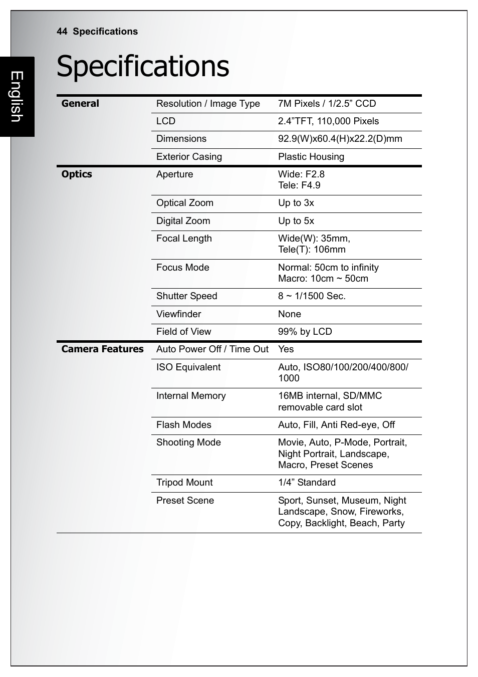 Specifications, English | Sanyo Xacti VPC-E760 User Manual | Page 58 / 62