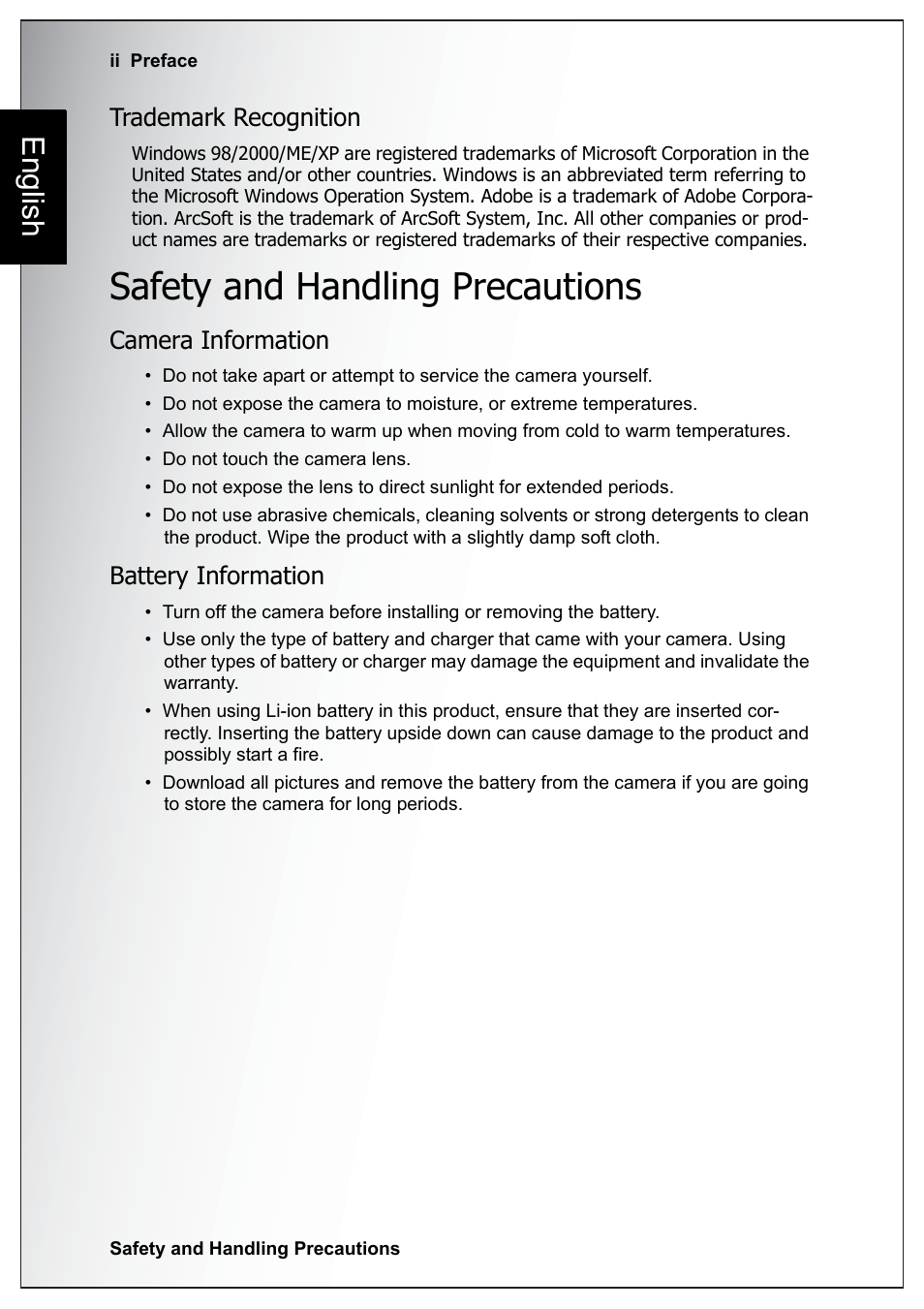 Trademark recognition, Safety and handling precautions, Camera information | Battery information, English | Sanyo Xacti VPC-E760 User Manual | Page 8 / 62