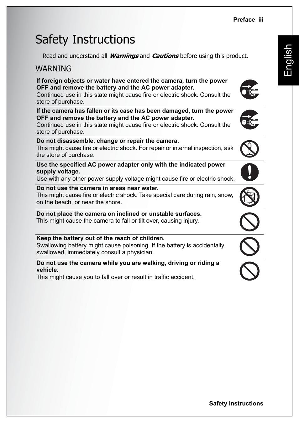 Safety instructions, Warning, English | Sanyo Xacti VPC-E760 User Manual | Page 9 / 62