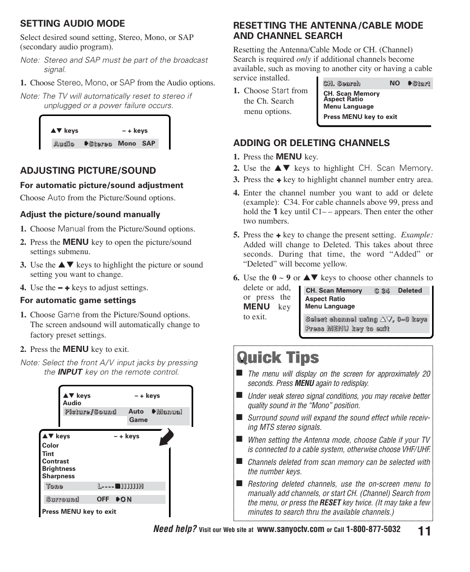 Need help, Setting audio mode, Adjusting picture/sound | Adding or deleting channels | Sanyo DS24425 User Manual | Page 11 / 17