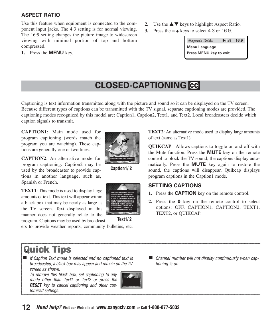 Closed-captioning, Need help, Set ting captions | Aspect ratio | Sanyo DS24425 User Manual | Page 12 / 17