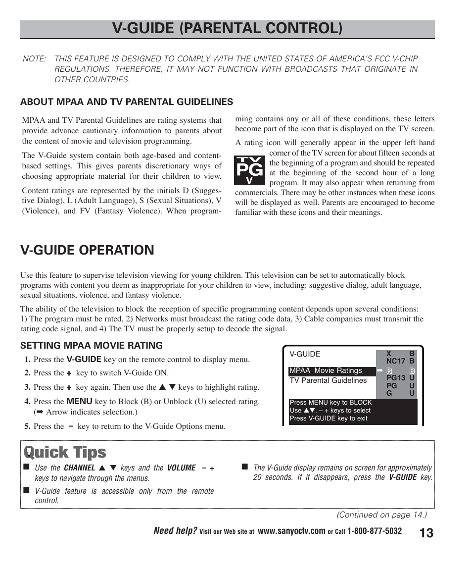 V-guide (parental control), V-guide operation | Sanyo DS24425 User Manual | Page 13 / 17