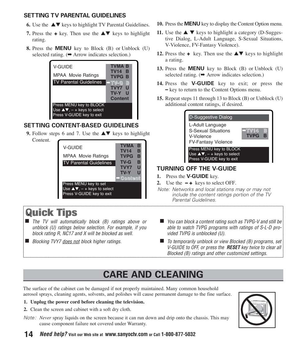Care and cleaning | Sanyo DS24425 User Manual | Page 14 / 17