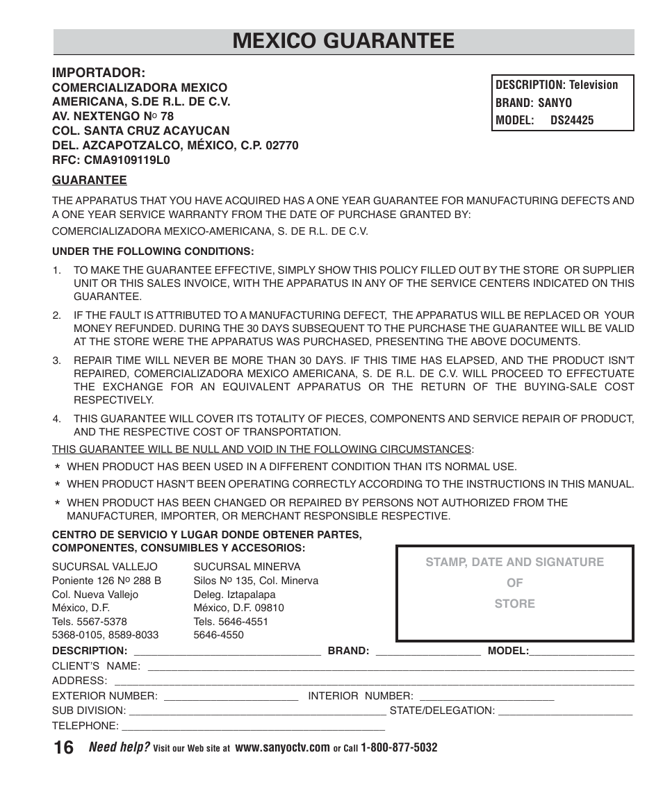 Mexico guarantee | Sanyo DS24425 User Manual | Page 16 / 17