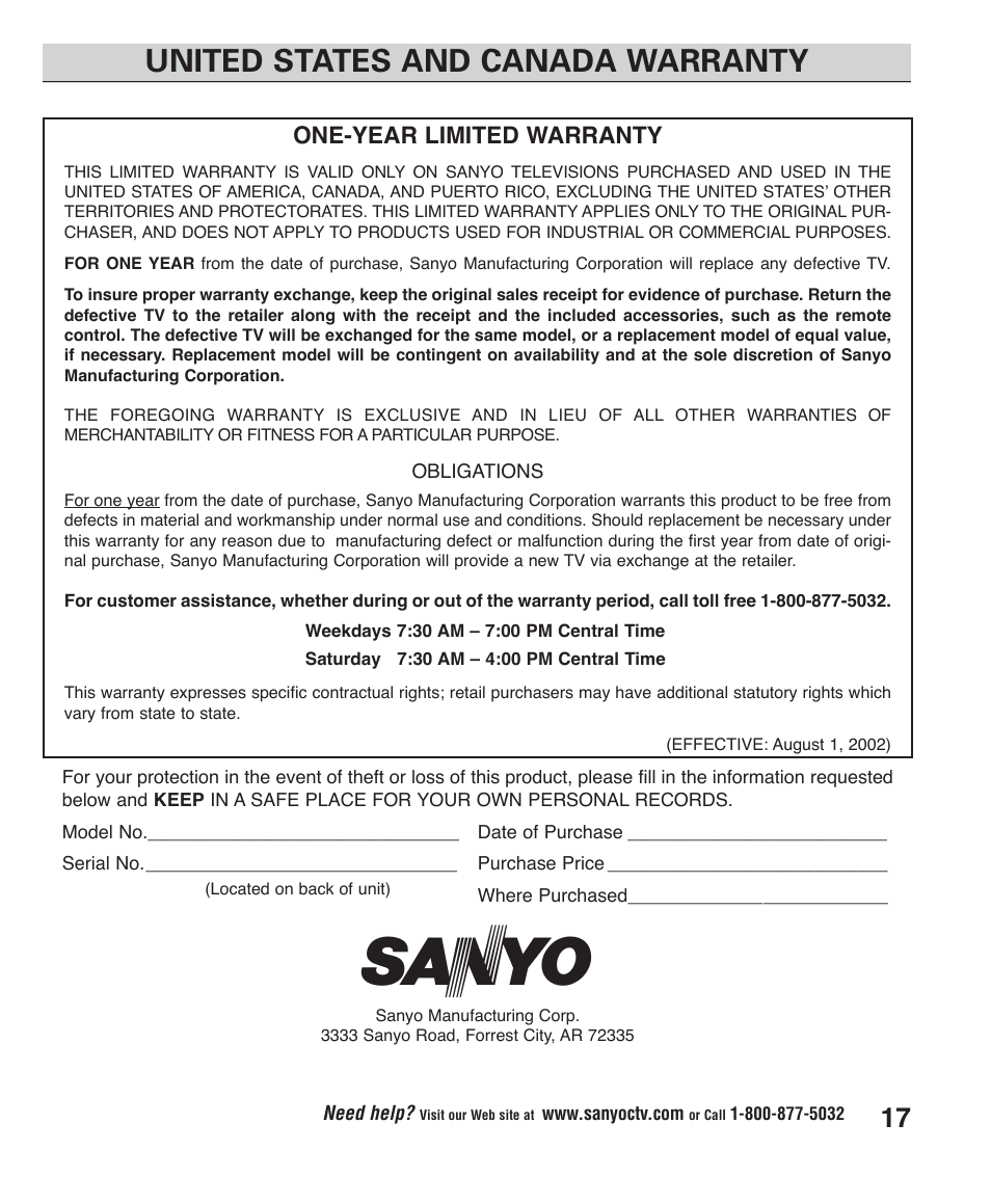 United states and canada warranty | Sanyo DS24425 User Manual | Page 17 / 17