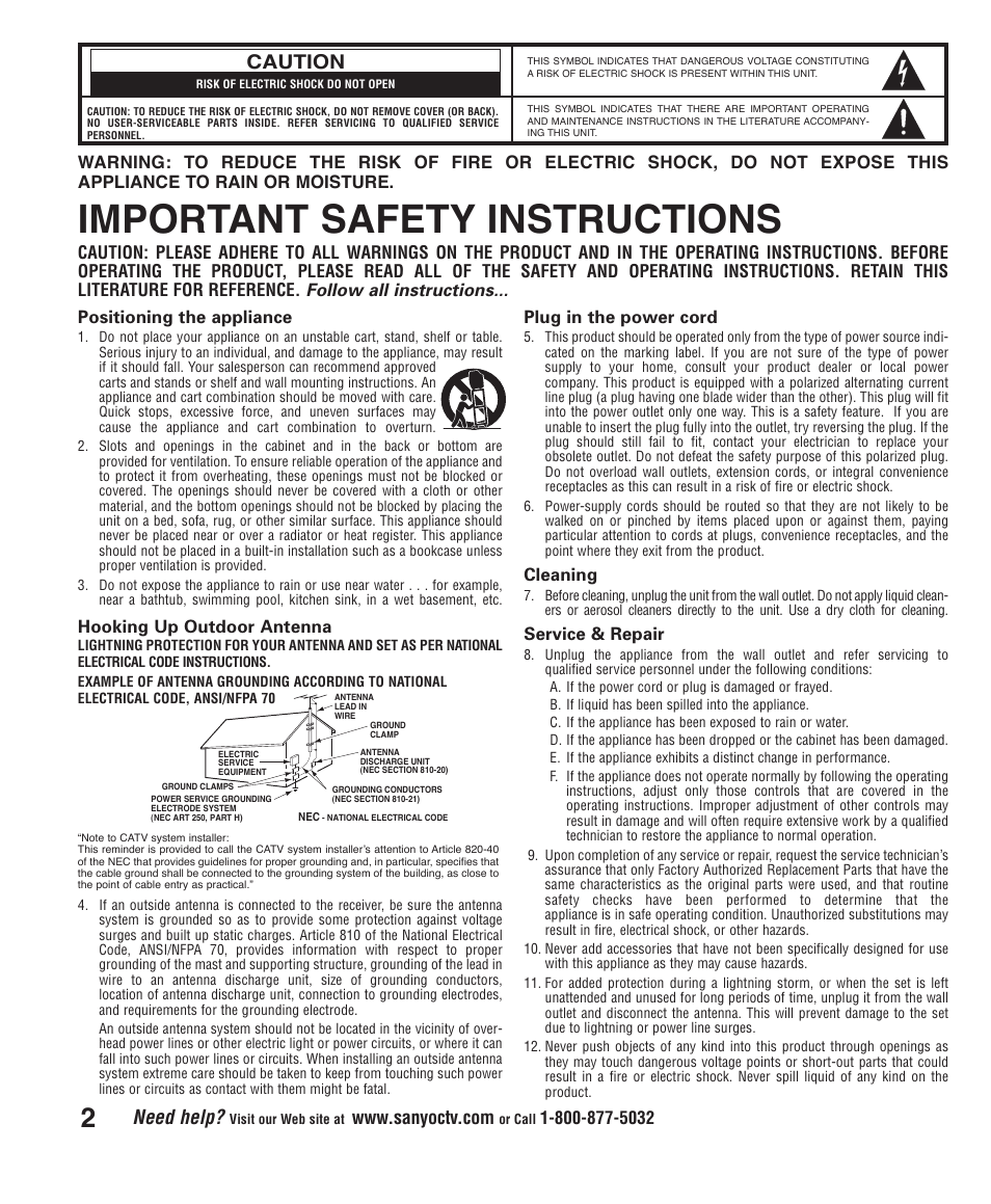 Important safety instructions, Need help, Caution | Positioning the appliance, Hooking up outdoor antenna, Plug in the power cord, Cleaning, Service & repair | Sanyo DS24425 User Manual | Page 2 / 17