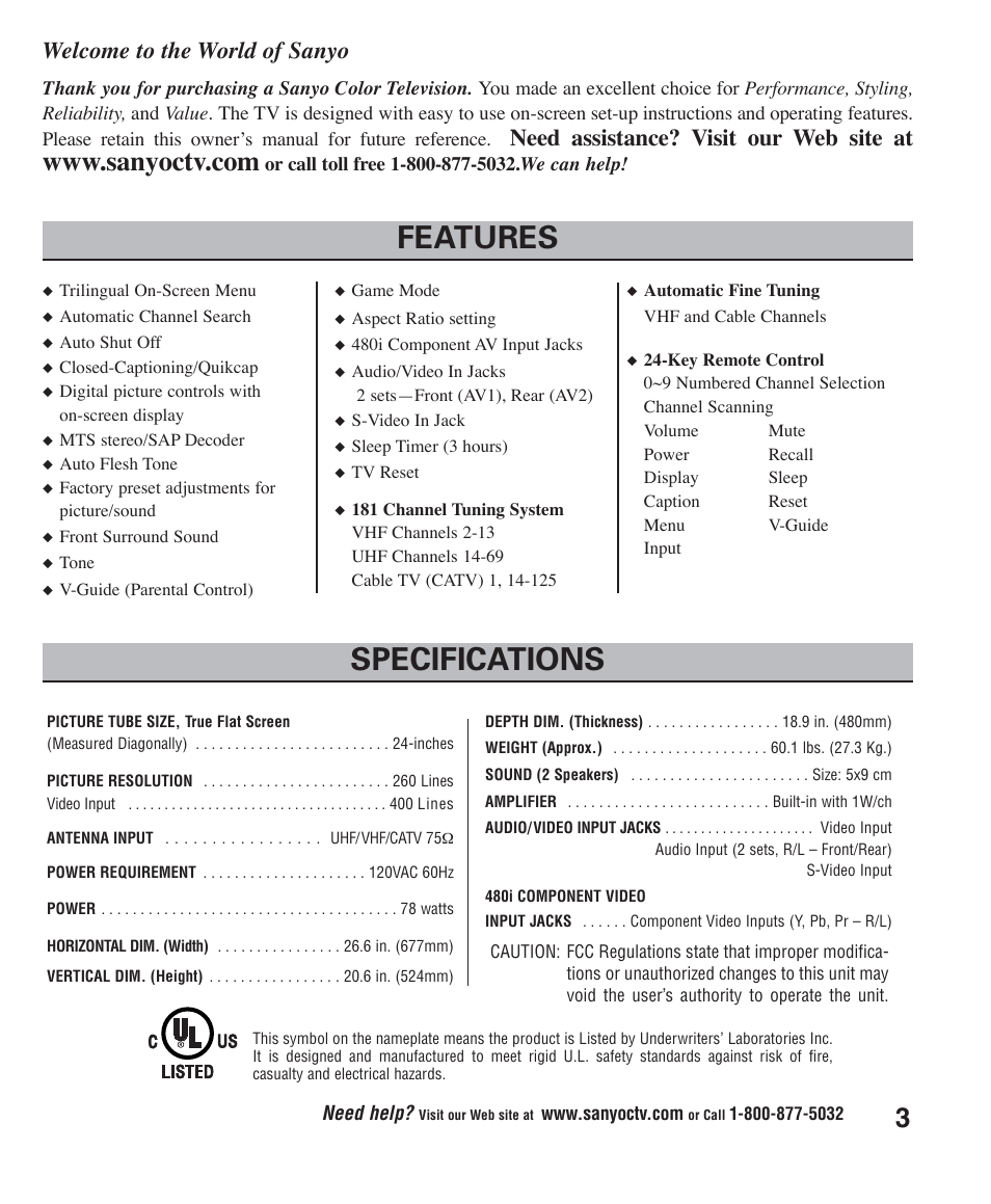 Features specifications, Welcome to the world of sanyo, Need assistance? visit our web site at | Sanyo DS24425 User Manual | Page 3 / 17