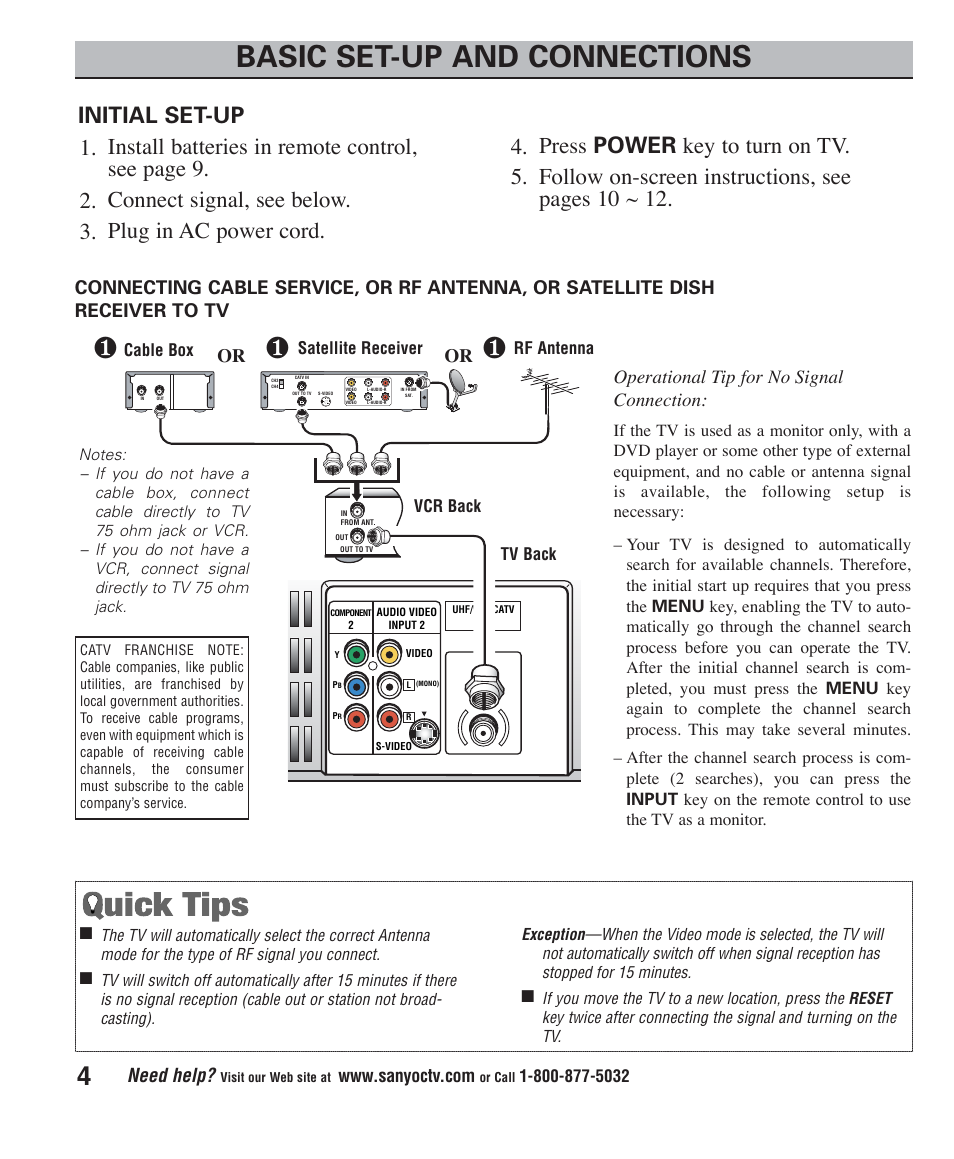 Basic set-up and connections, Need help, Operational tip for no signal connection | Sanyo DS24425 User Manual | Page 4 / 17