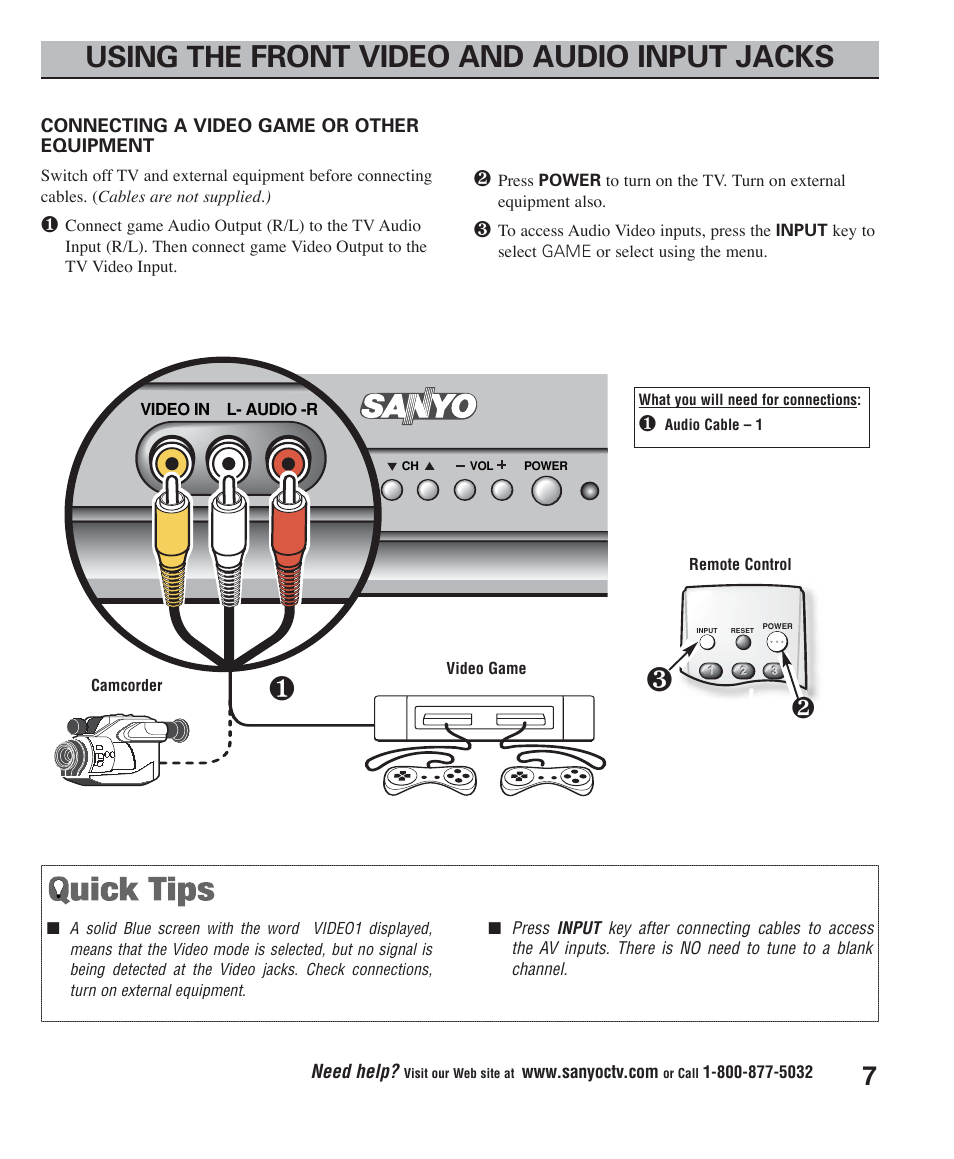 Front video and audio input jacks, Using the | Sanyo DS24425 User Manual | Page 7 / 17