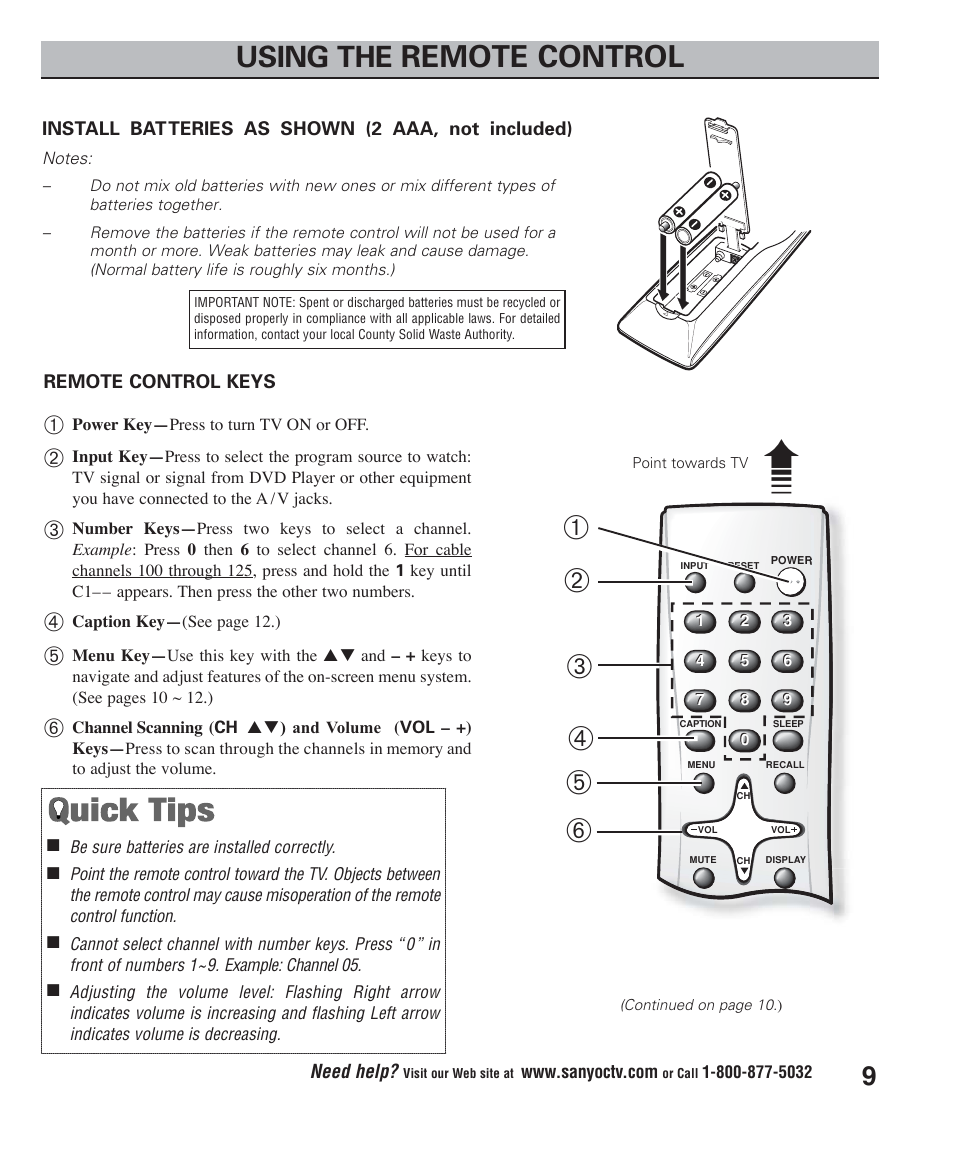 Remote control, Using the | Sanyo DS24425 User Manual | Page 9 / 17