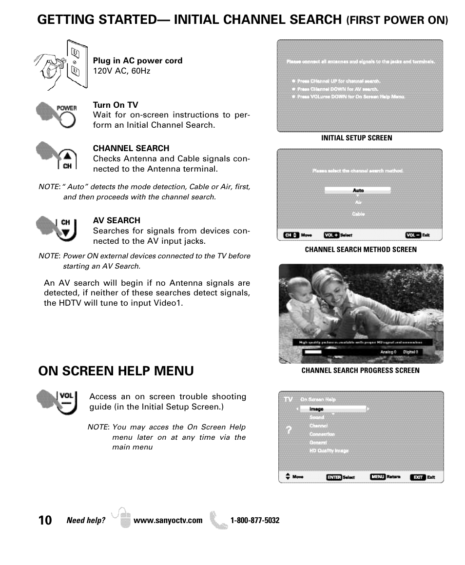 Getting started— initial channel search, On screen help menu, First power on) | Sanyo DP26649 User Manual | Page 10 / 48