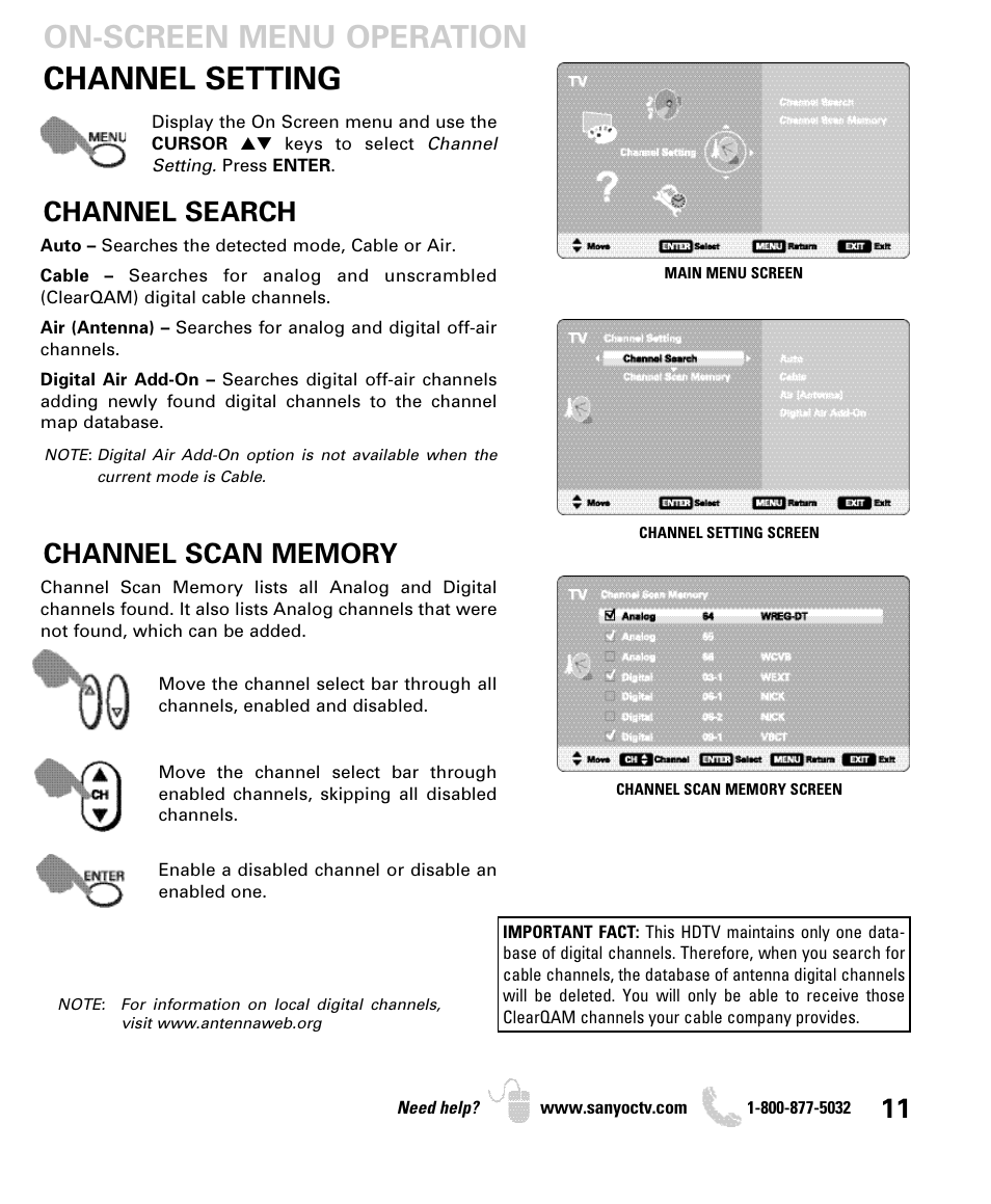 Channel setting, On-screen menu operation, Channel search | Sanyo DP26649 User Manual | Page 11 / 48