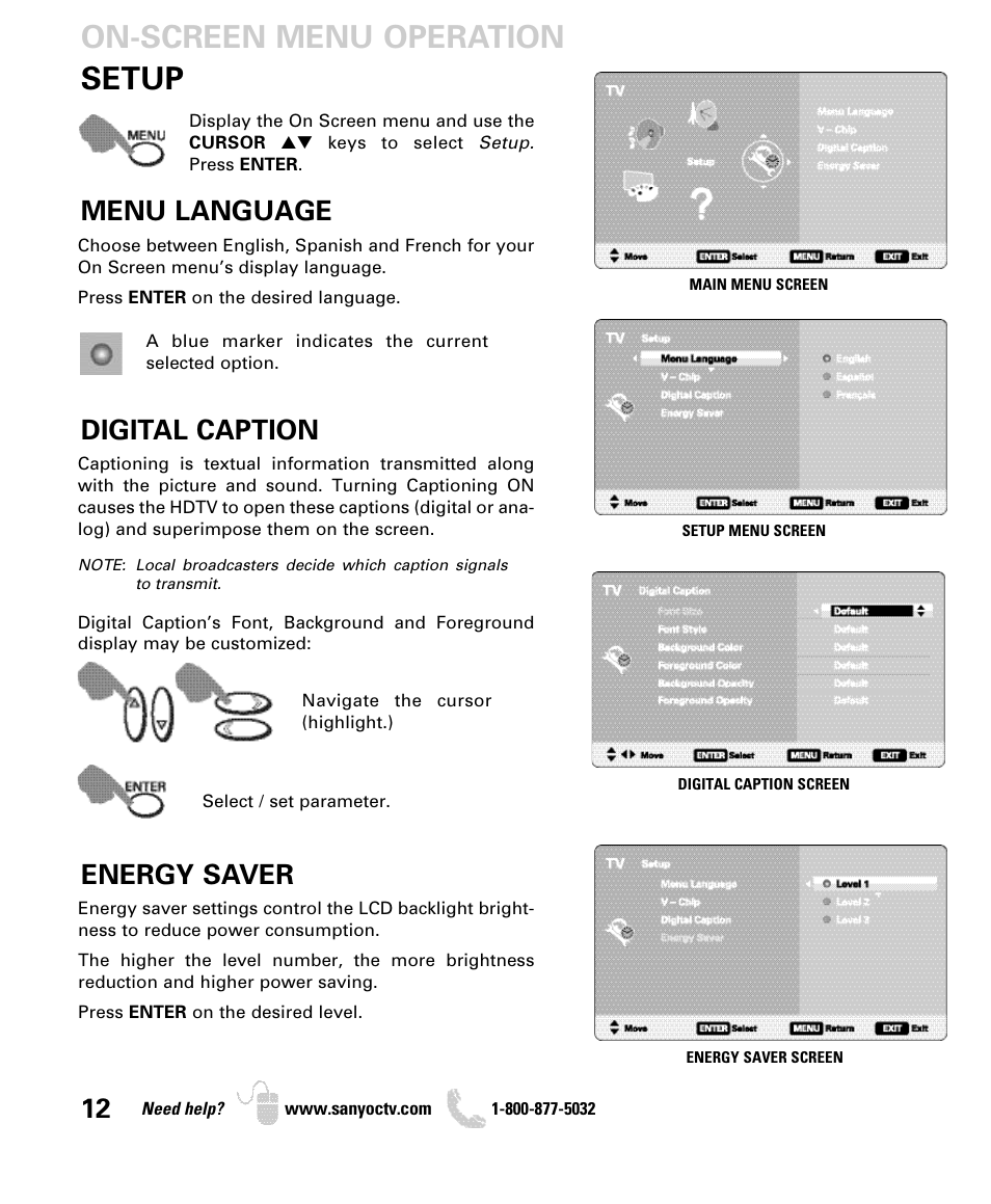 Setup, On-screen menu operation, Menu language | Digital caption, Energy saver | Sanyo DP26649 User Manual | Page 12 / 48