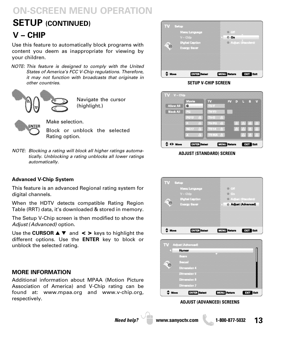 Setup, On-screen menu operation, V – chip | Continued) | Sanyo DP26649 User Manual | Page 13 / 48