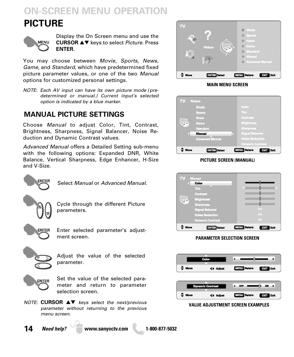 Picture on-screen menu operation, Manual picture settings | Sanyo DP26649 User Manual | Page 14 / 48