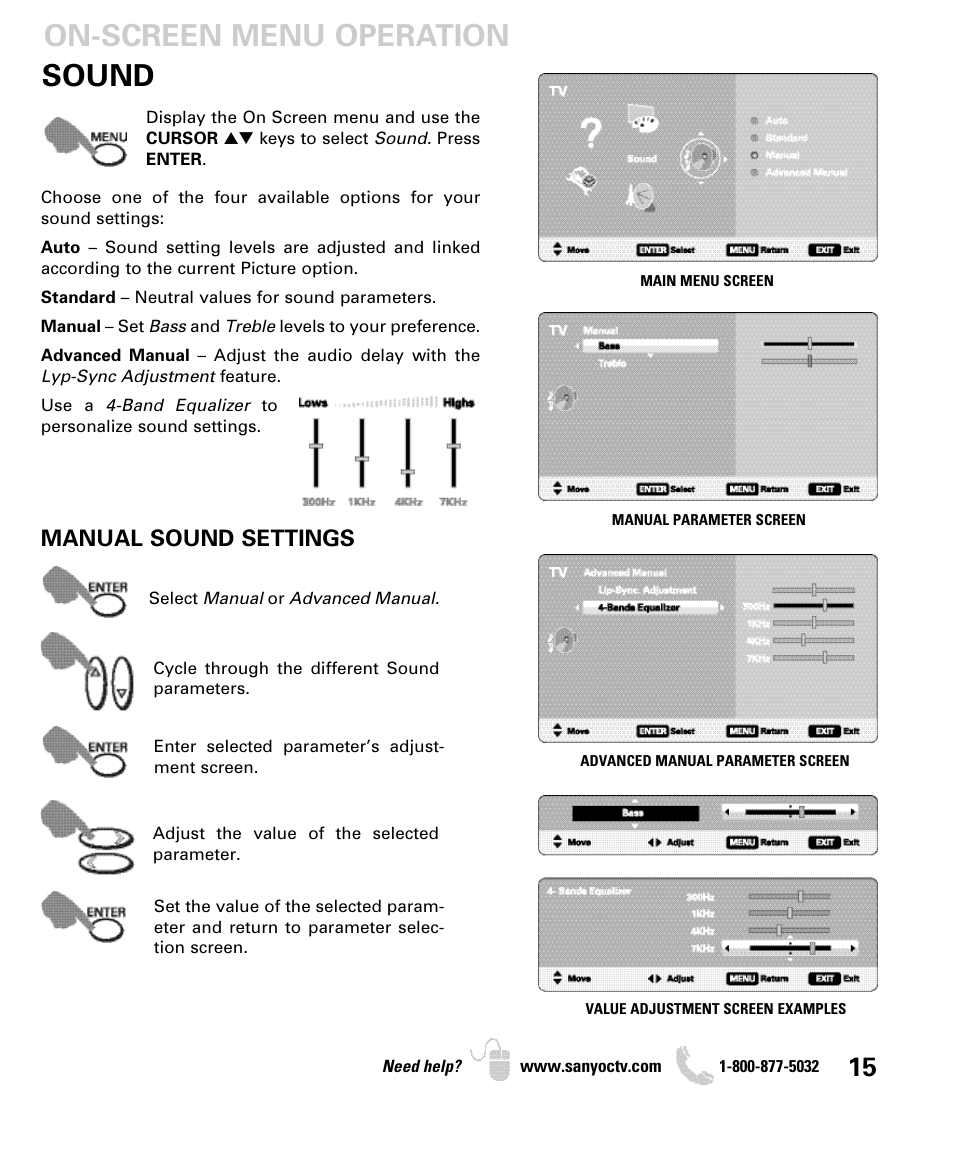 Sound, On-screen menu operation, Manual sound settings | Sanyo DP26649 User Manual | Page 15 / 48