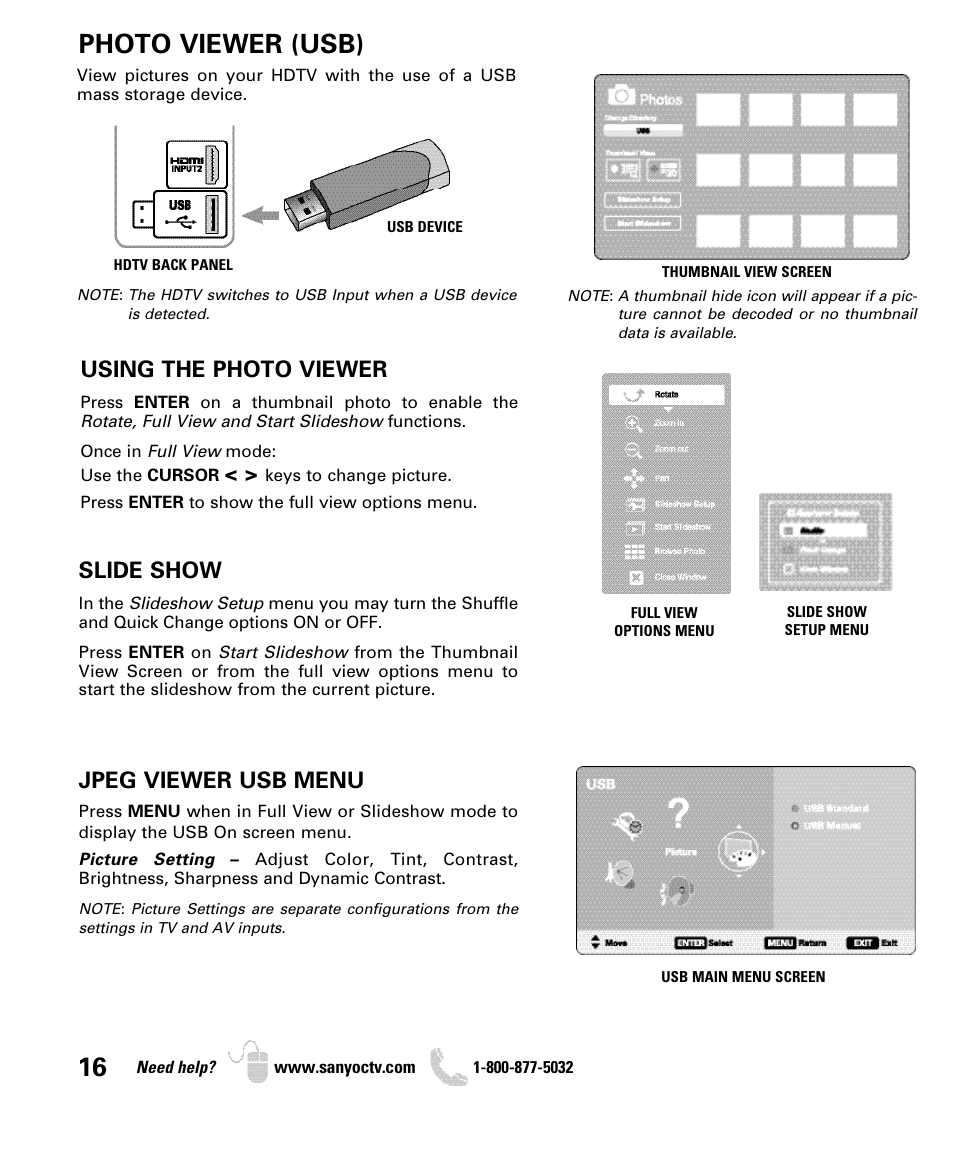 Photo viewer (usb), Using the photo viewer, Slide show | Jpeg viewer usb menu | Sanyo DP26649 User Manual | Page 16 / 48