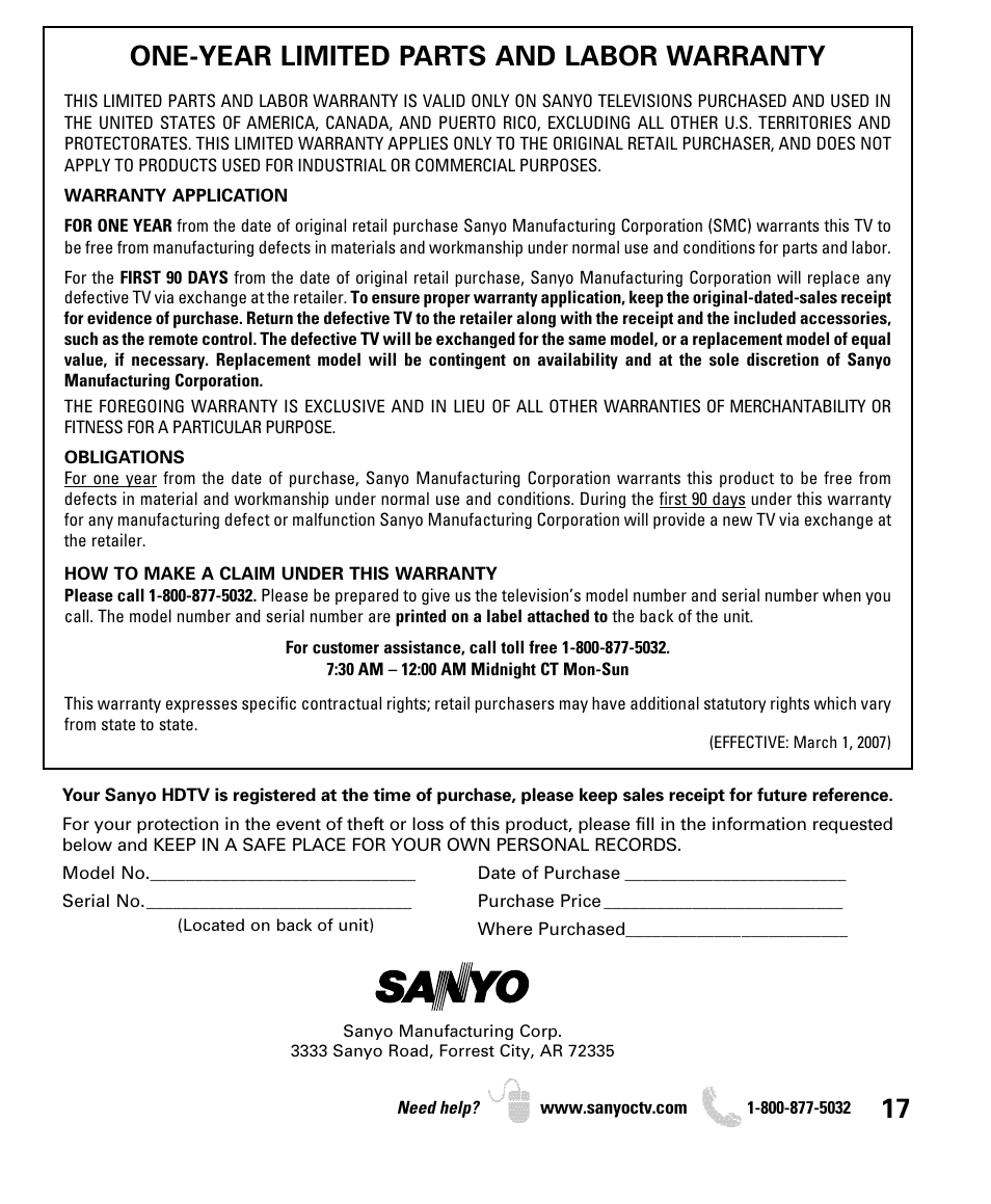 One-year limited parts and labor warranty | Sanyo DP26649 User Manual | Page 17 / 48