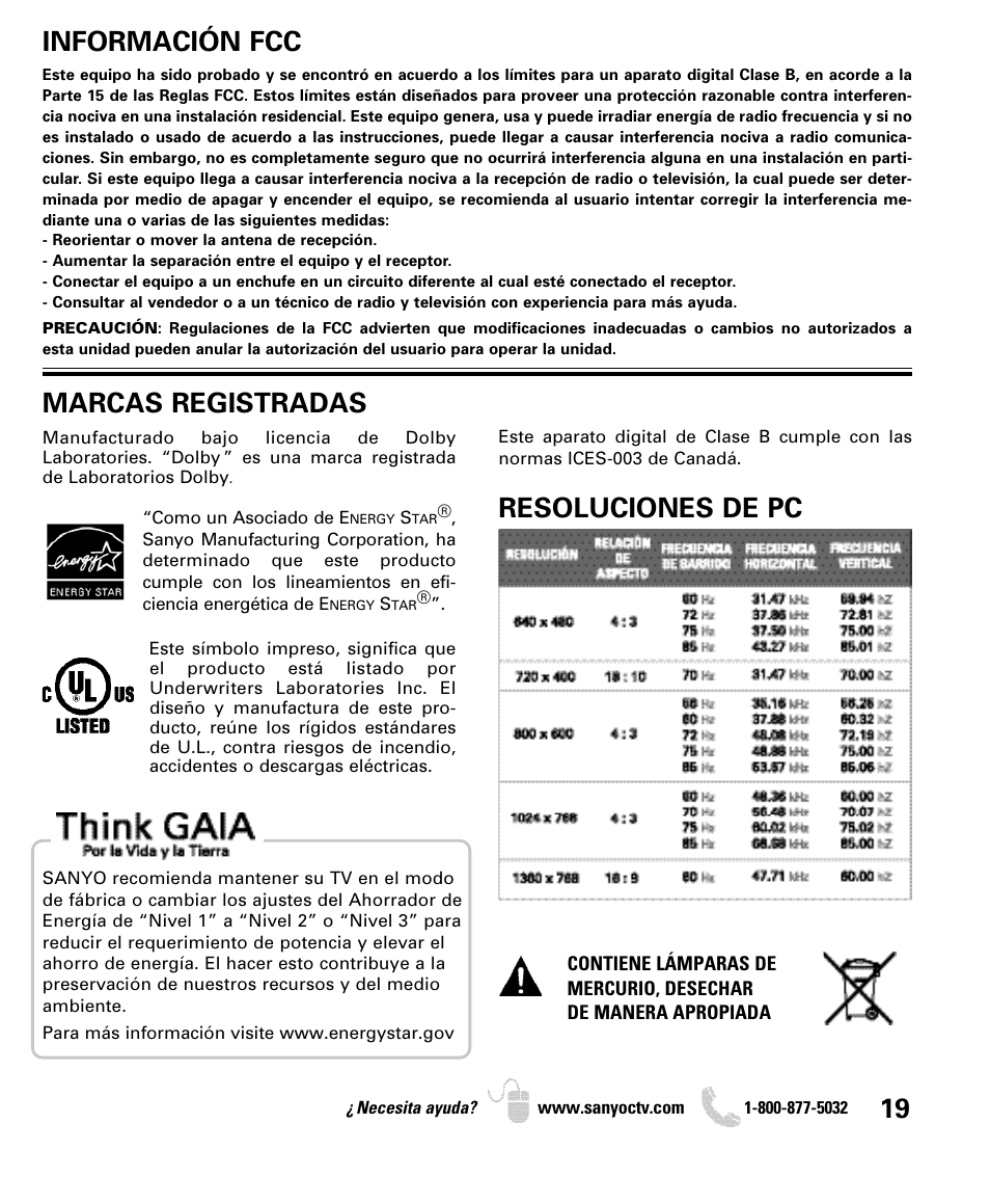 Información fcc, Marcas registradas, Resoluciones de pc | Sanyo DP26649 User Manual | Page 19 / 48
