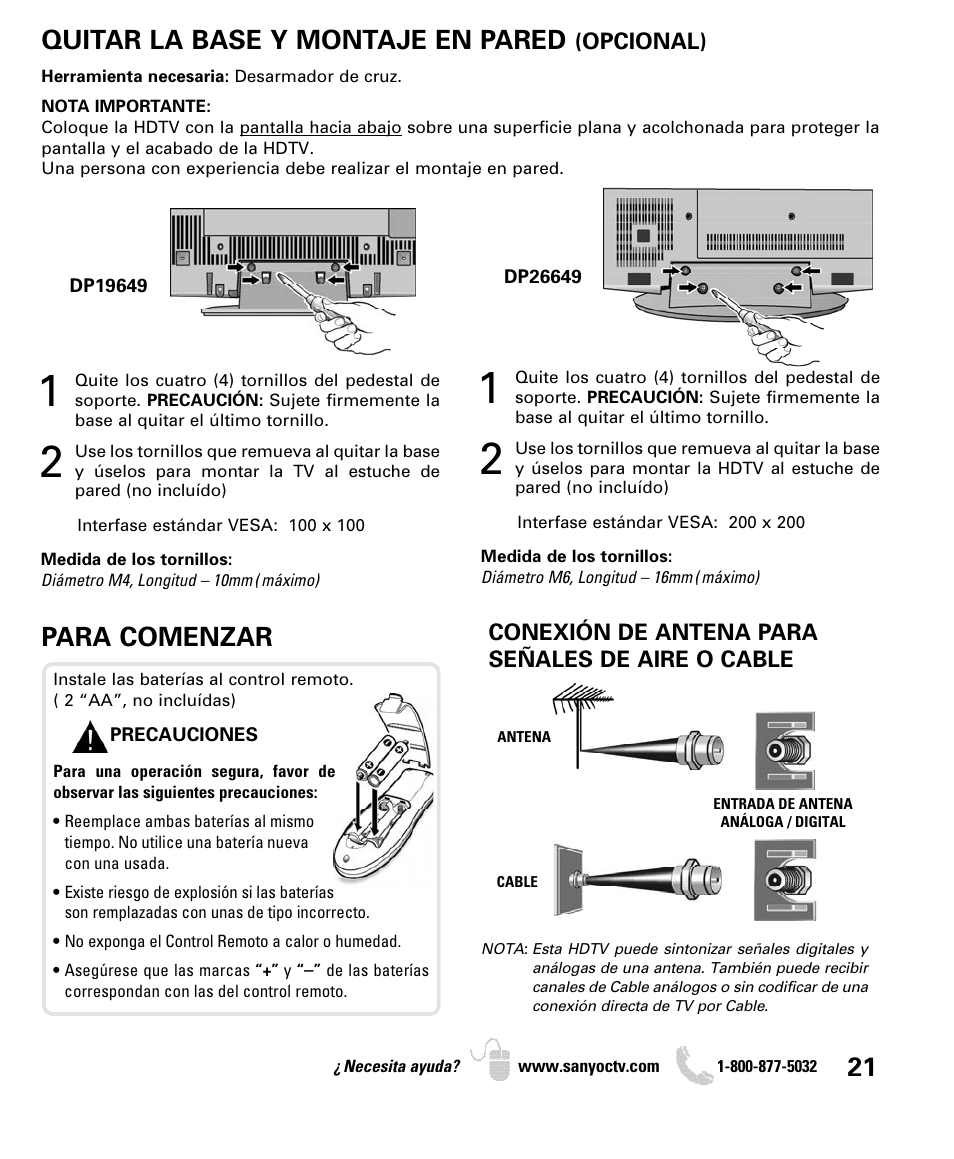 Quitar la base y montaje en pared, Para comenzar | Sanyo DP26649 User Manual | Page 21 / 48