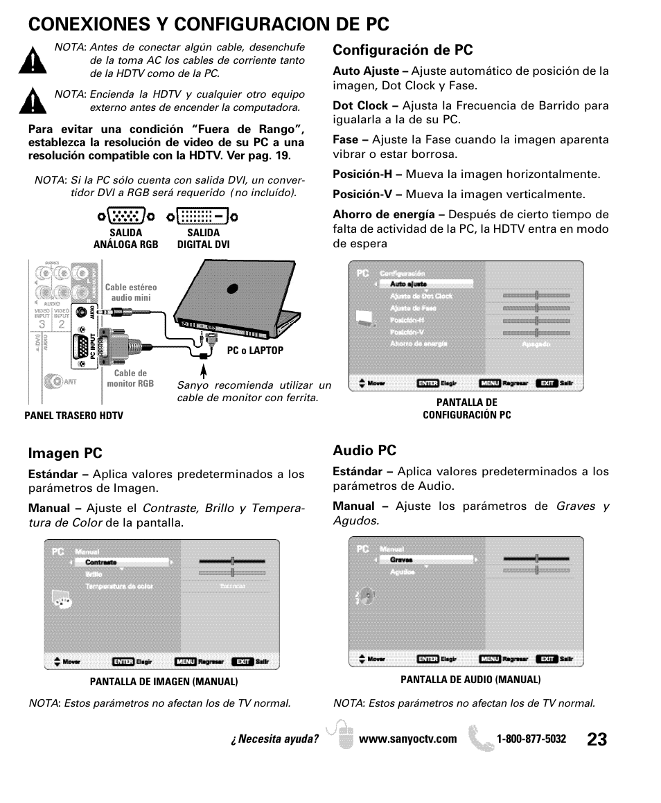 Conexiones y configuracion de pc, Configuración de pc, Imagen pc | Audio pc | Sanyo DP26649 User Manual | Page 23 / 48