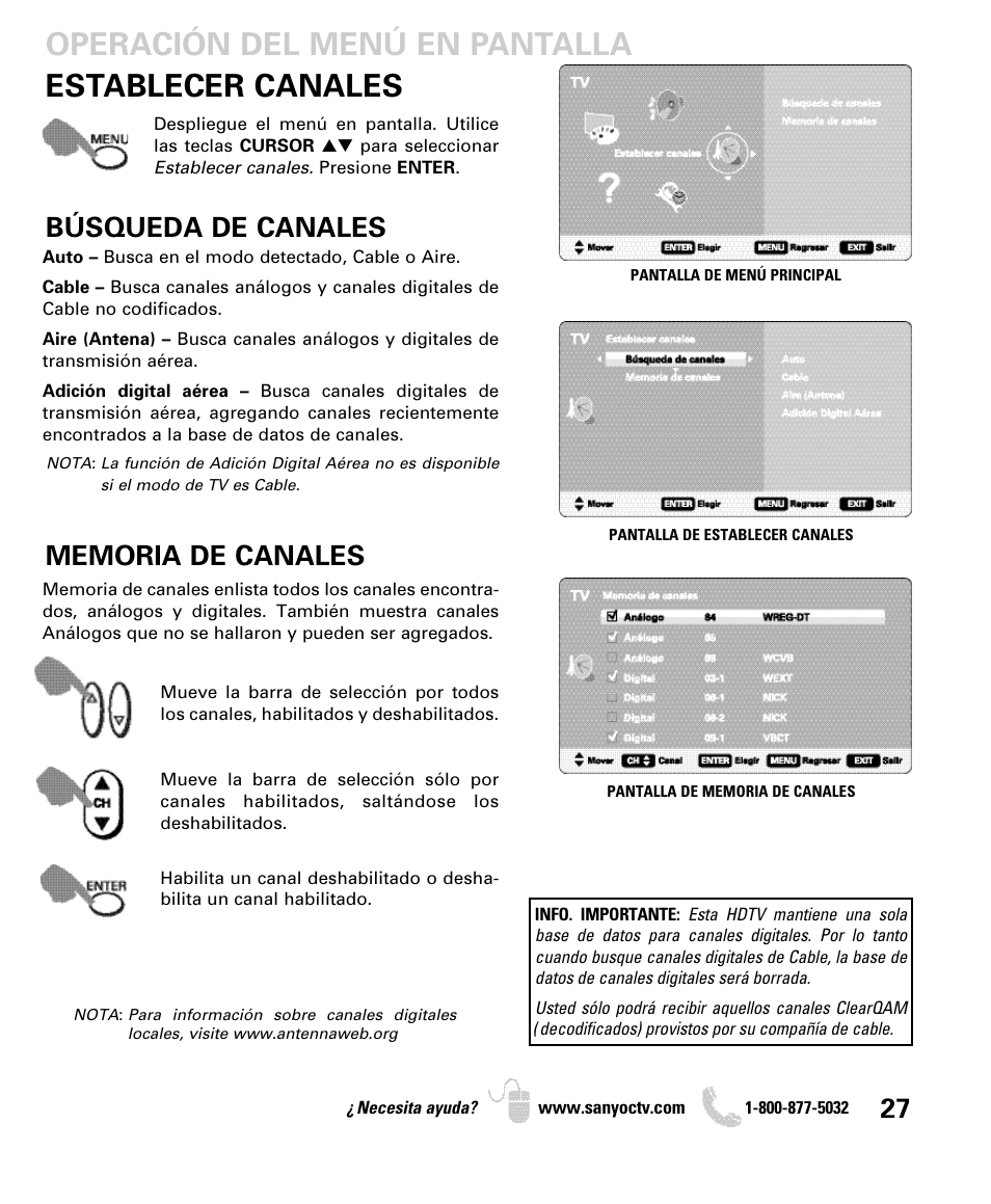 Establecer canales, Operación del menú en pantalla, Búsqueda de canales | Sanyo DP26649 User Manual | Page 27 / 48