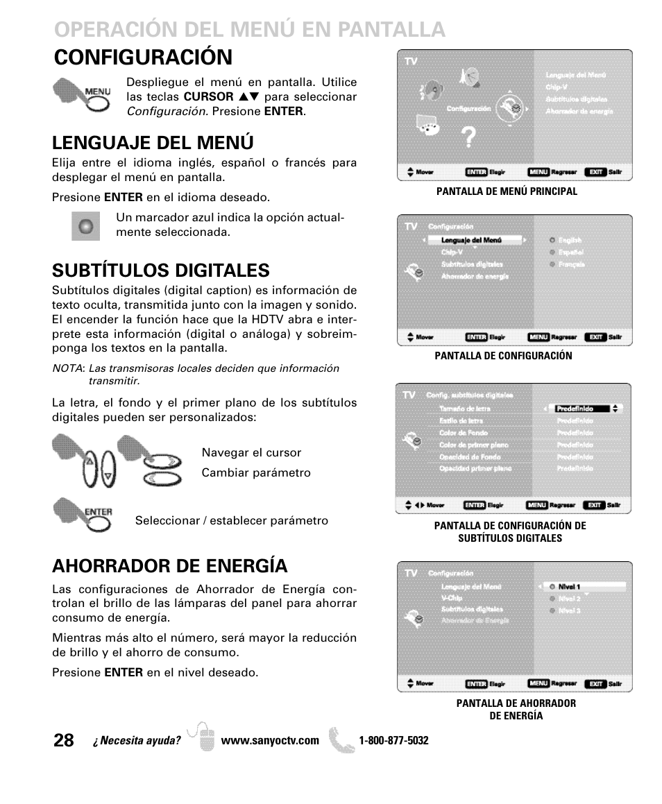 Configuración, Operación del menú en pantalla, Lenguaje del menú | Subtítulos digitales, Ahorrador de energía | Sanyo DP26649 User Manual | Page 28 / 48