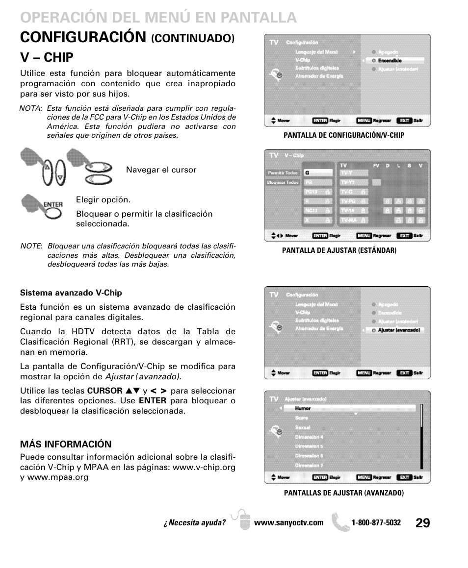 Configuración, Operación del menú en pantalla, V – chip | Continuado) | Sanyo DP26649 User Manual | Page 29 / 48