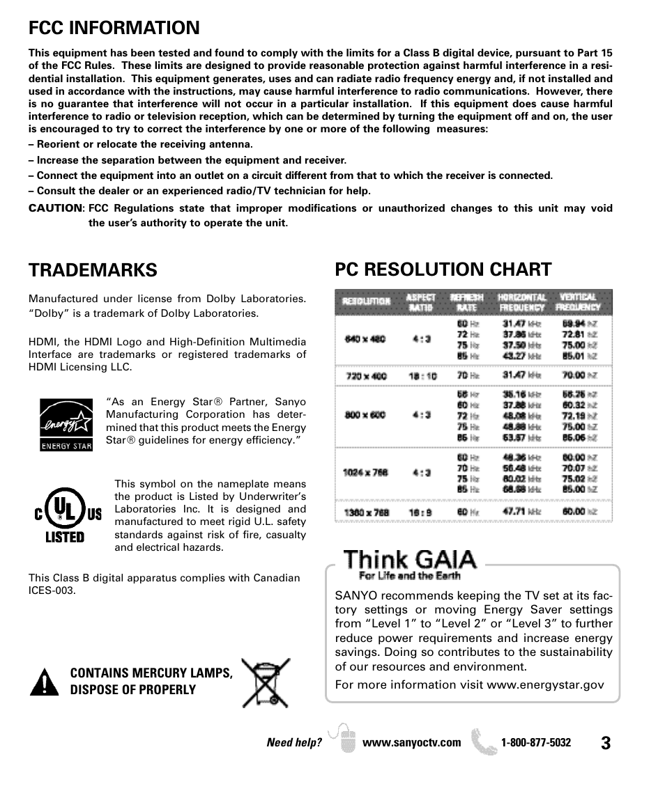 Pc resolution chart, Fcc information, Trademarks | Sanyo DP26649 User Manual | Page 3 / 48