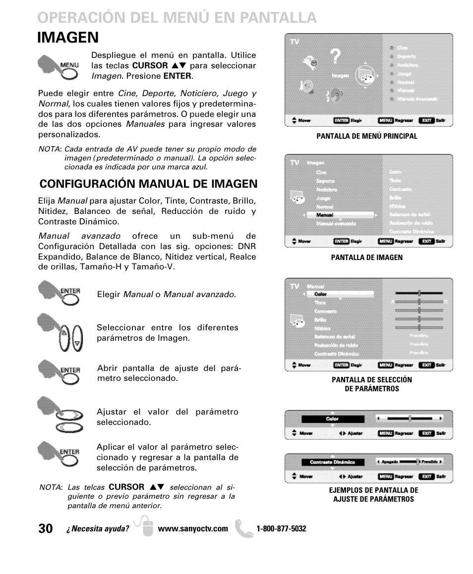 Imagen operación del menú en pantalla, Configuración manual de imagen | Sanyo DP26649 User Manual | Page 30 / 48