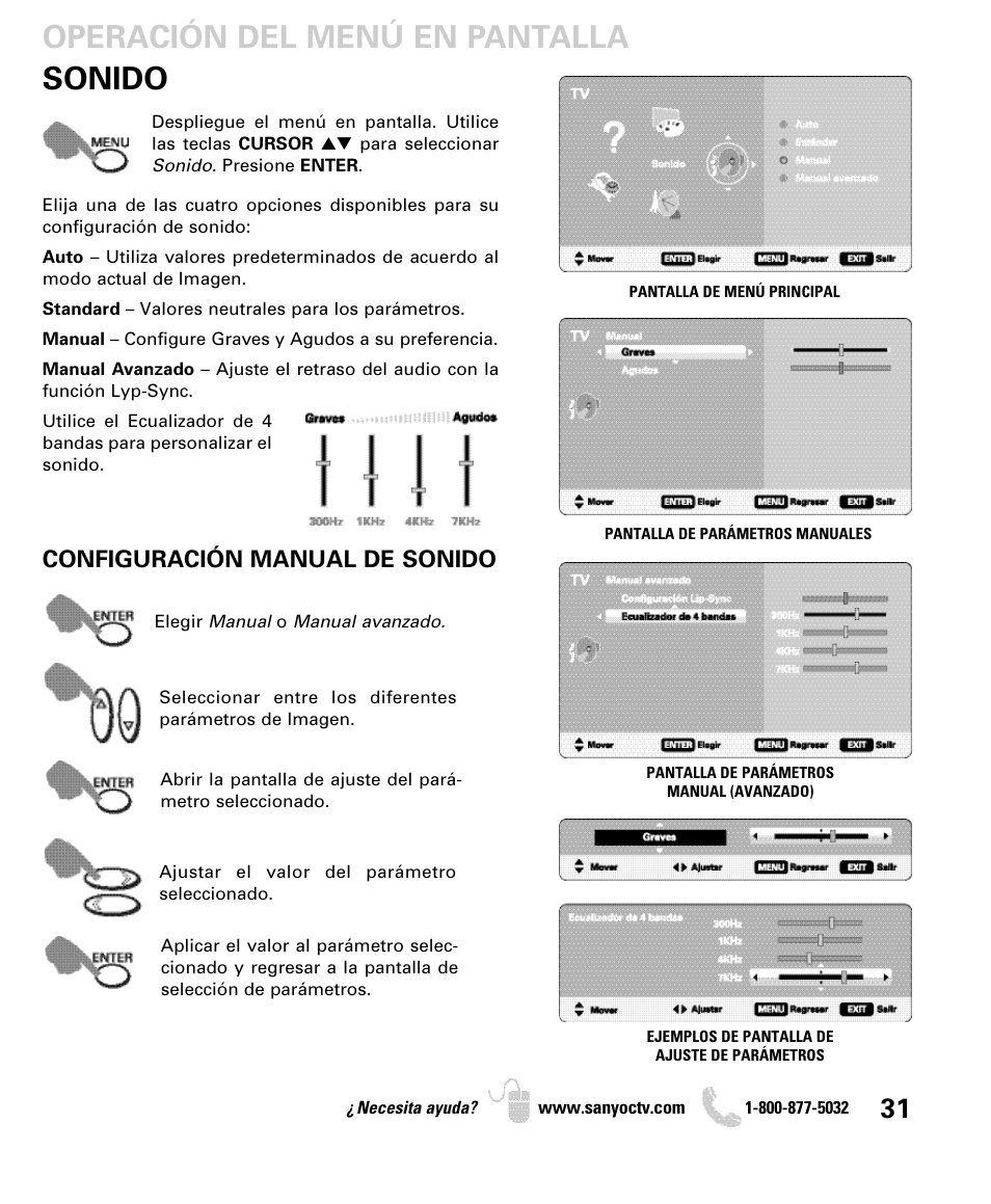 Sonido operación del menú en pantalla, Configuración manual de sonido | Sanyo DP26649 User Manual | Page 31 / 48