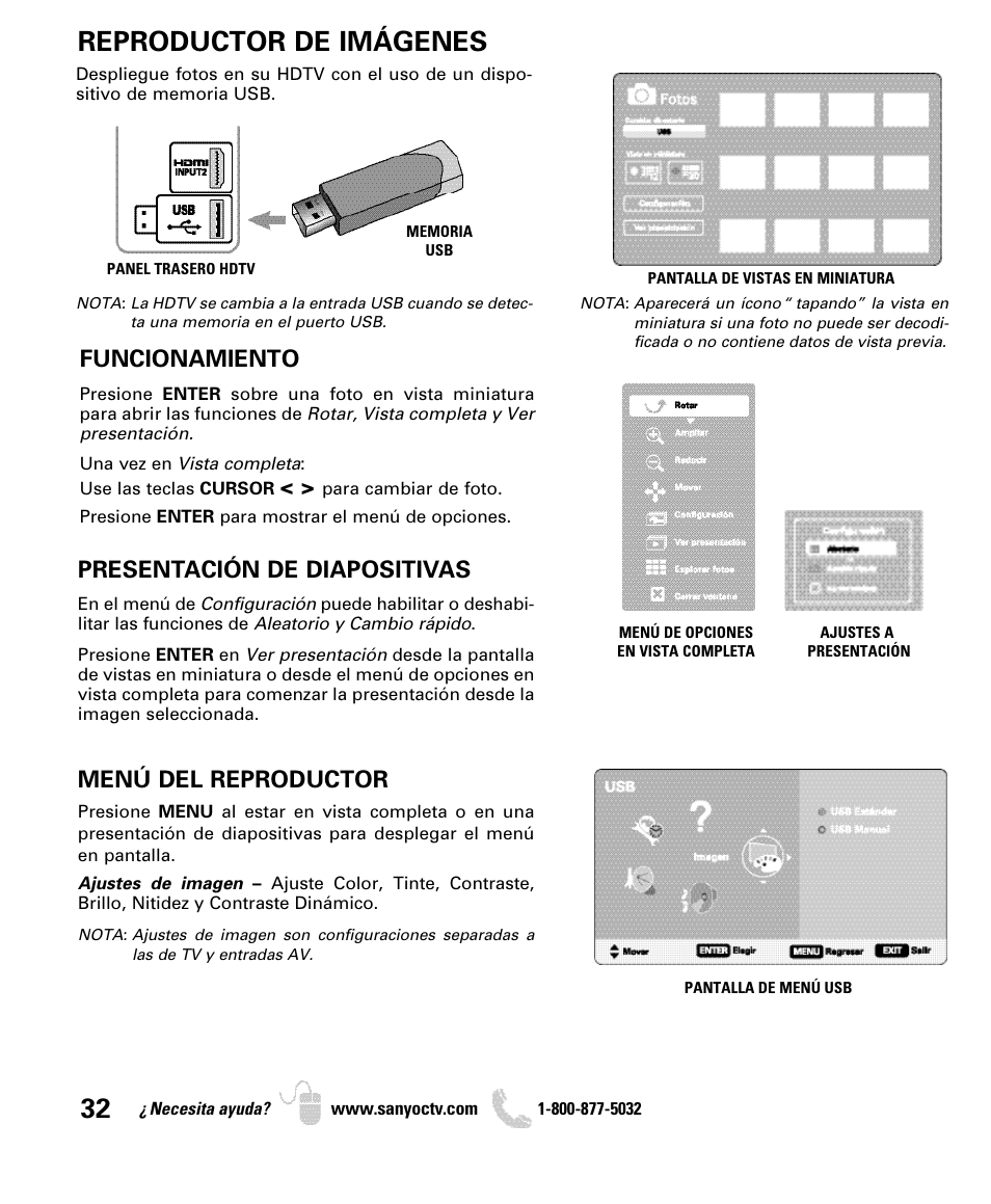 Reproductor de imágenes, Funcionamiento, Presentación de diapositivas | Menú del reproductor | Sanyo DP26649 User Manual | Page 32 / 48