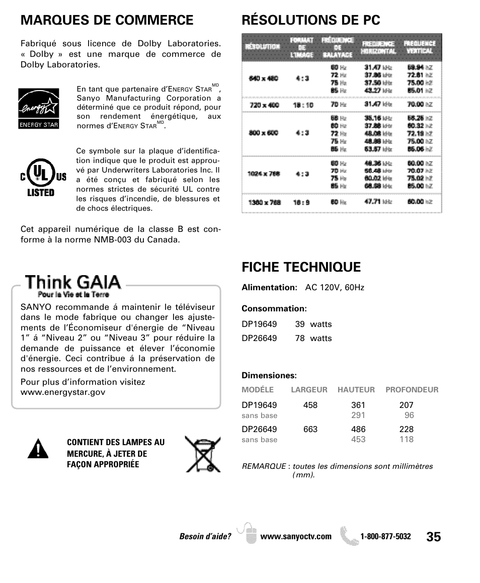 Marques de commerce, Fiche technique, Résolutions de pc | Sanyo DP26649 User Manual | Page 35 / 48