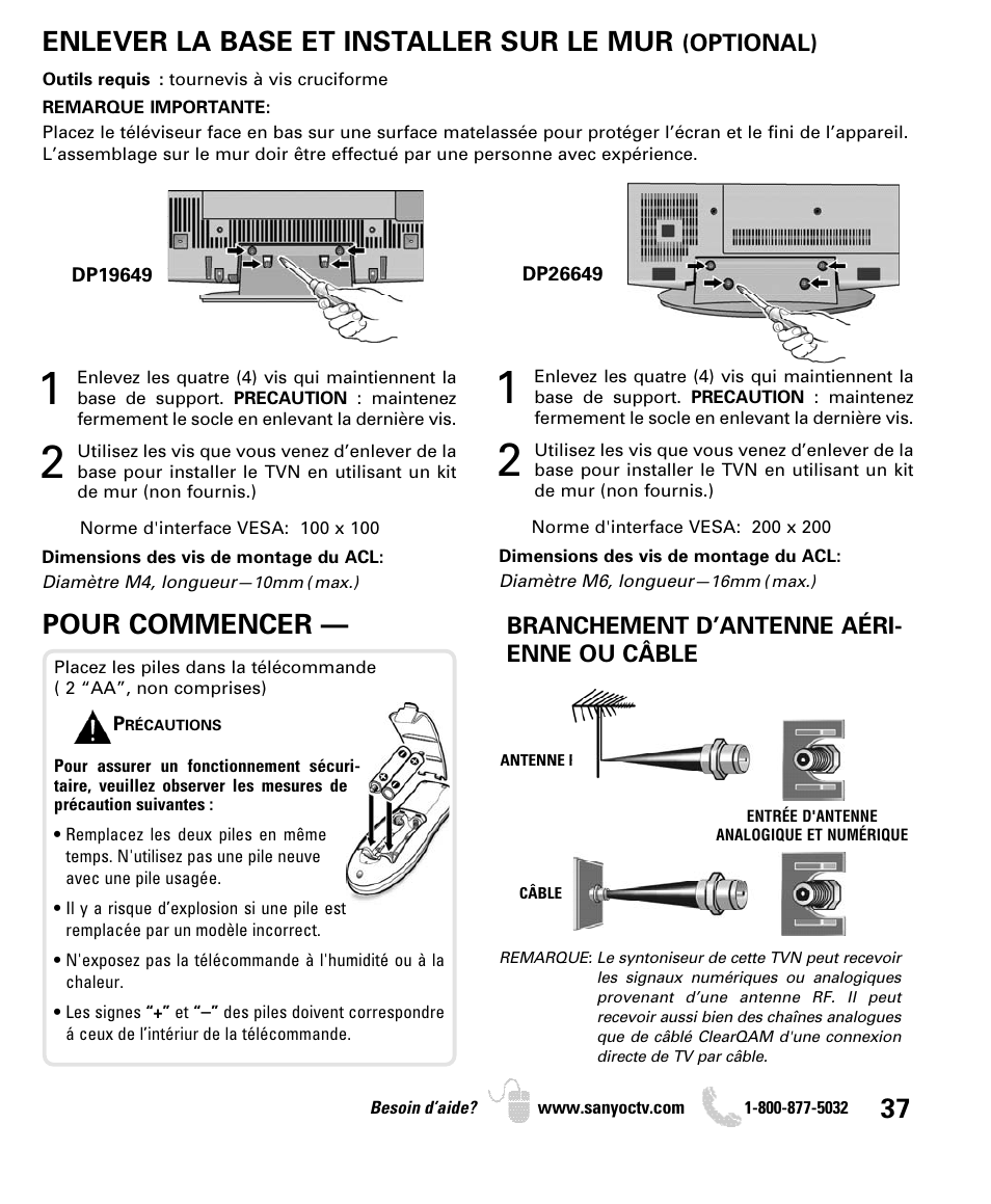 Enlever la base et installer sur le mur, Pour commencer | Sanyo DP26649 User Manual | Page 37 / 48