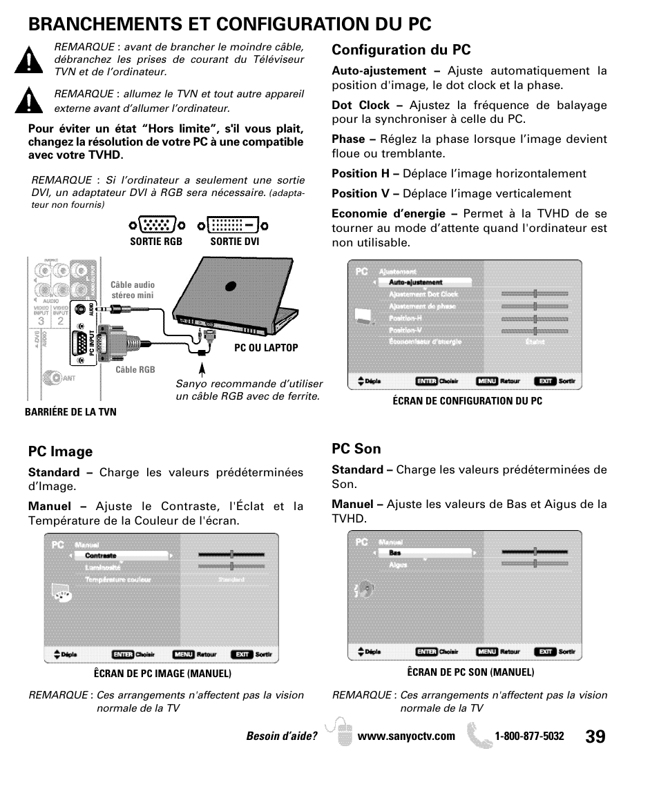 Branchements et configuration du pc, Configuration du pc, Pc image | Pc son | Sanyo DP26649 User Manual | Page 39 / 48