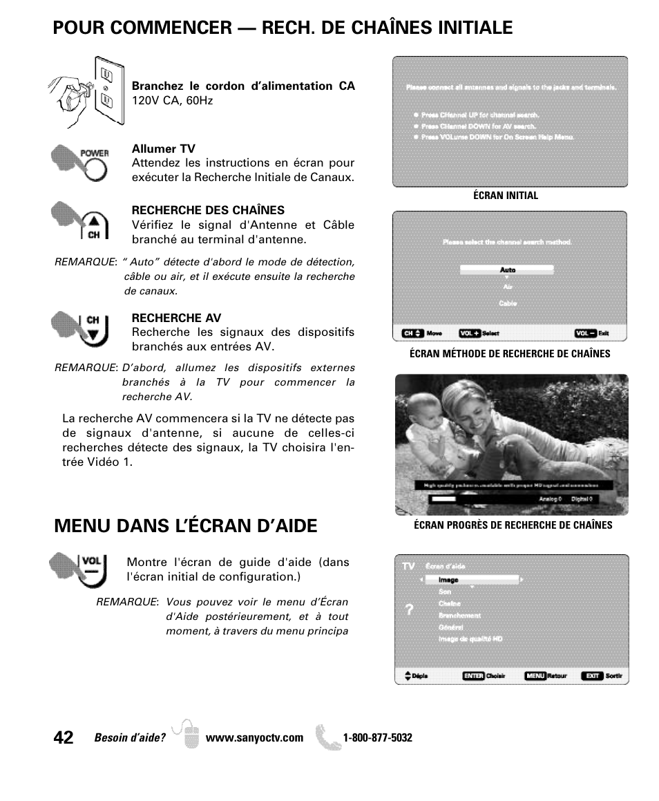 Pour commencer — rech. de chaînes initiale, Menu dans l’écran d’aide | Sanyo DP26649 User Manual | Page 42 / 48