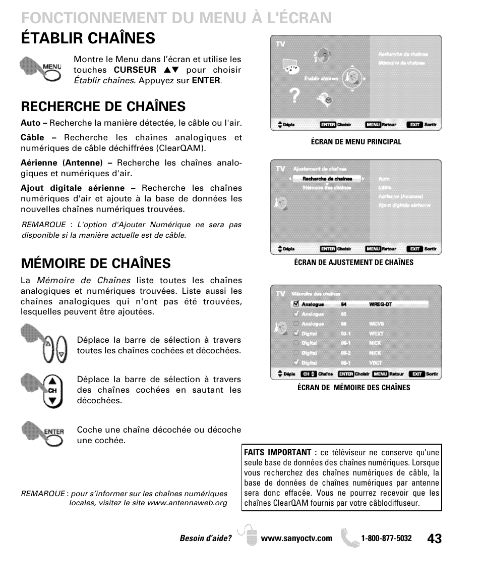 Établir chaînes, Fonctionnement du menu à l'écran, Recherche de chaînes | Mémoire de chaînes | Sanyo DP26649 User Manual | Page 43 / 48