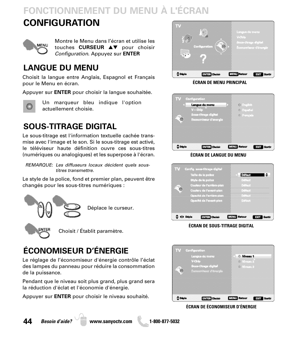 Configuration, Fonctionnement du menu à l'écran, Économiseur d’énergie 44 | Langue du menu, Sous-titrage digital | Sanyo DP26649 User Manual | Page 44 / 48