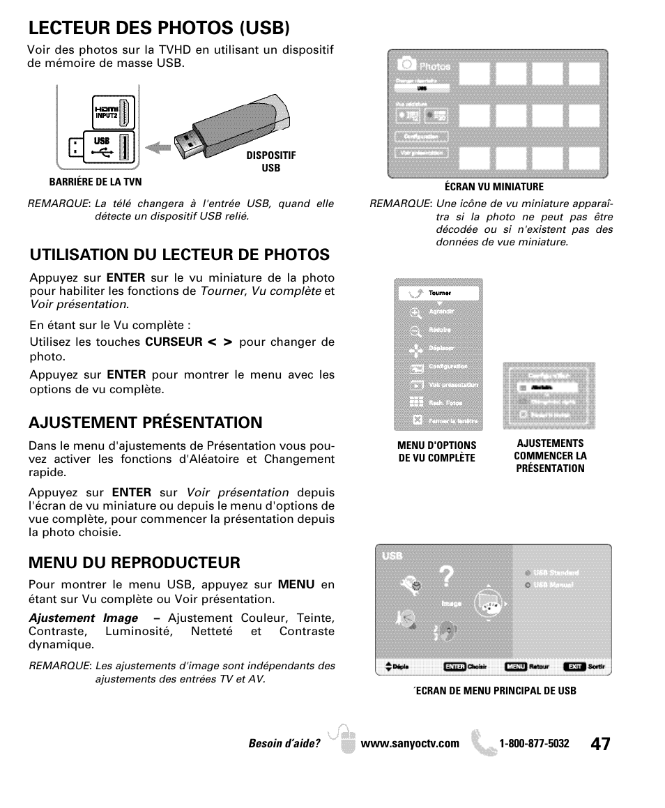 Lecteur des photos (usb), Utilisation du lecteur de photos, Ajustement présentation | Menu du reproducteur | Sanyo DP26649 User Manual | Page 47 / 48