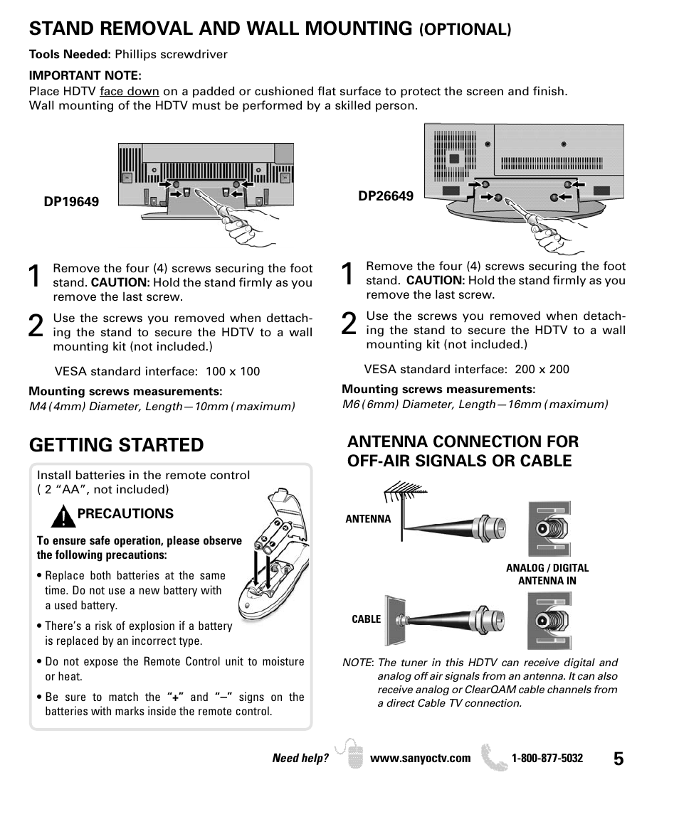 Stand removal and wall mounting, Getting started | Sanyo DP26649 User Manual | Page 5 / 48