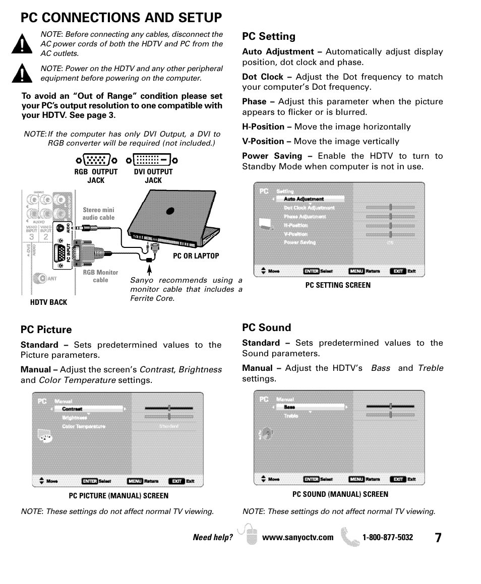 Pc connections and setup, Pc setting, Pc picture | Pc sound | Sanyo DP26649 User Manual | Page 7 / 48