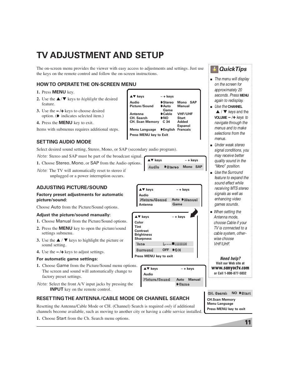 Tv adjustment and setup, Quicktips, How to operate the on-screen menu | Setting audio mode, Adjusting picture/sound | Sanyo DS27224 User Manual | Page 11 / 47