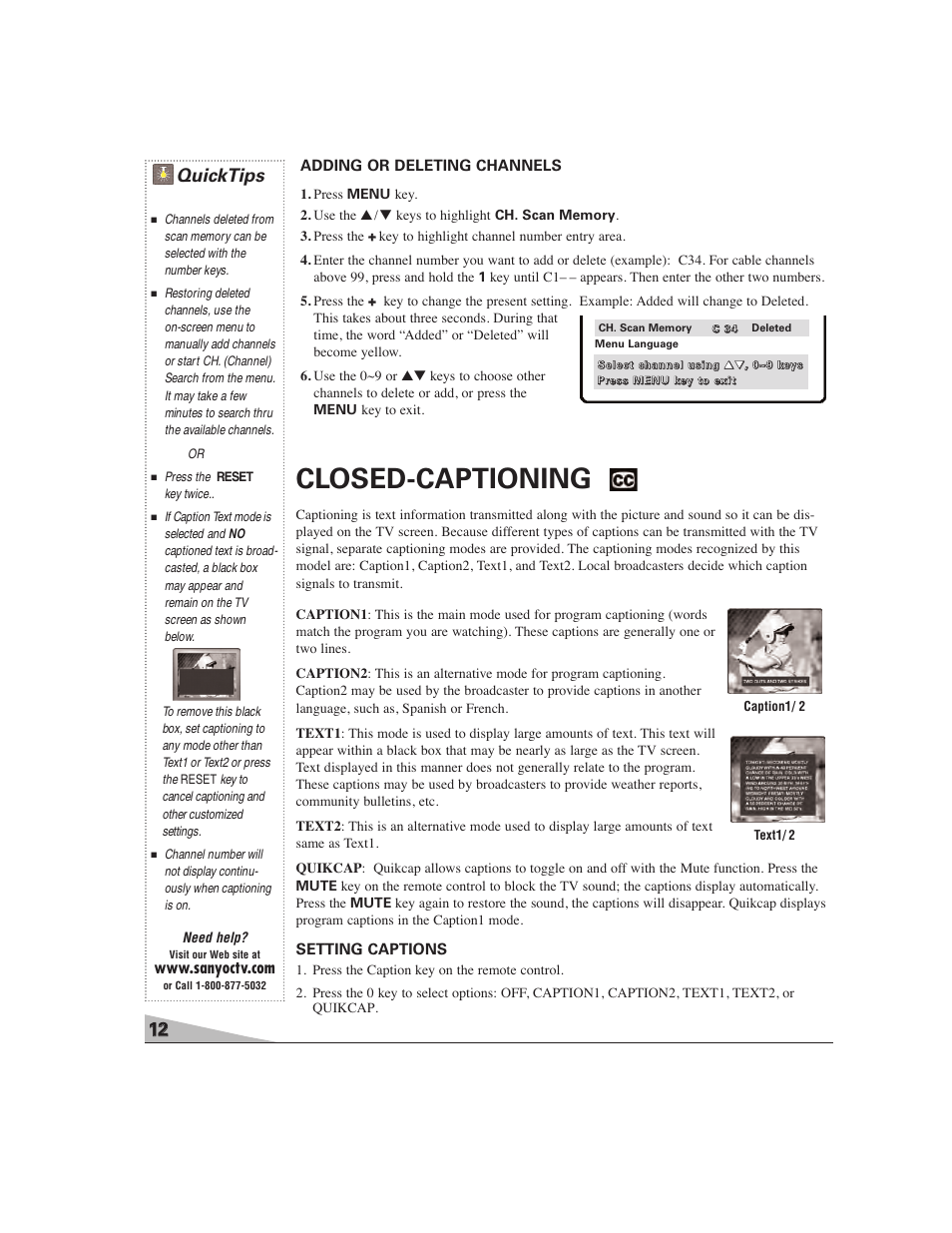 Closed-captioning, Quicktips, Adding or deleting channels | Setting captions | Sanyo DS27224 User Manual | Page 12 / 47