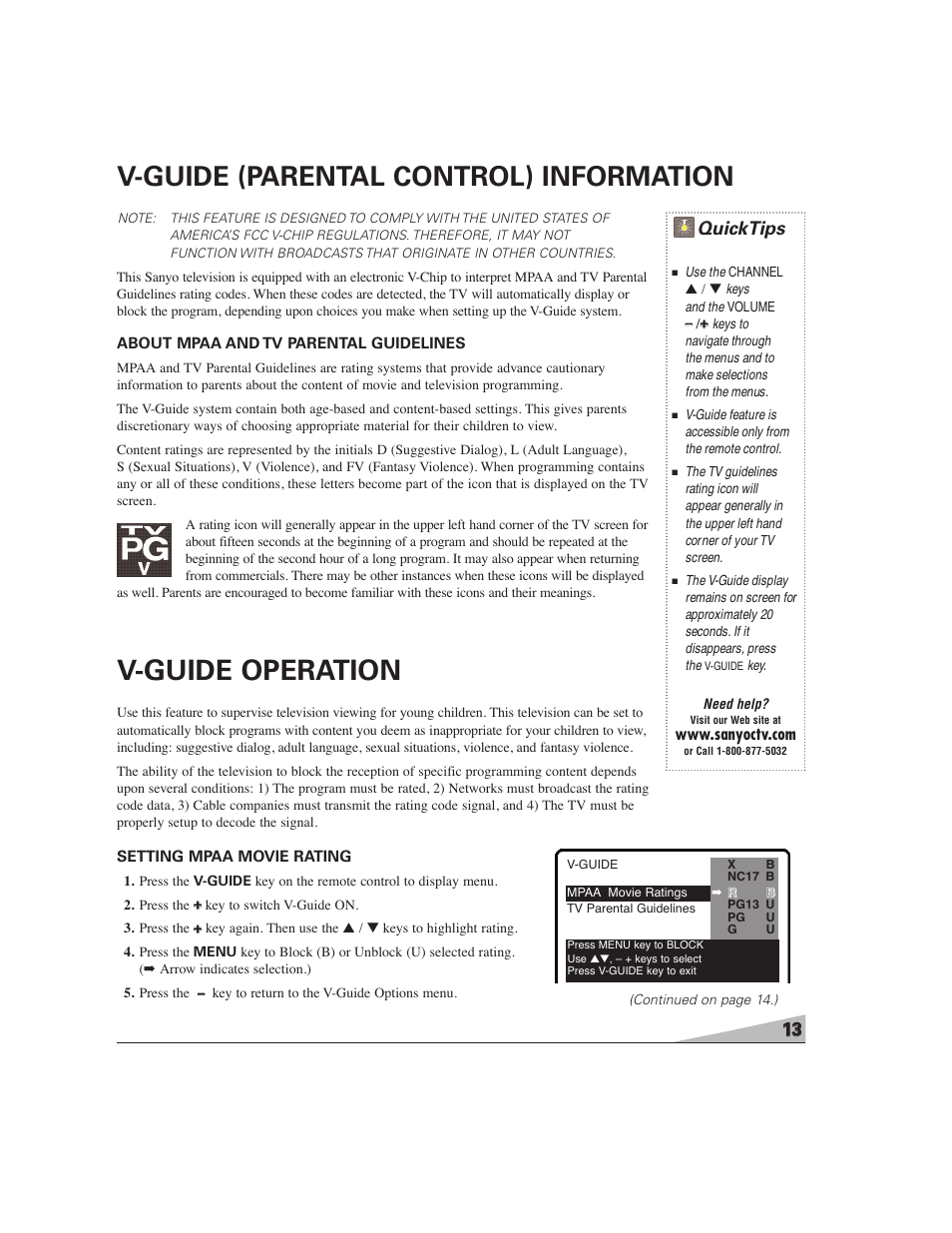 V-guide operation, V-guide (parental control) information, Quicktips | Sanyo DS27224 User Manual | Page 13 / 47