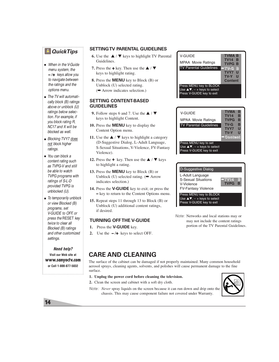 Care and cleaning, Quicktips | Sanyo DS27224 User Manual | Page 14 / 47