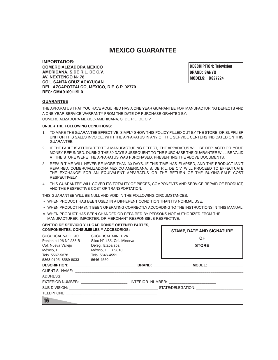 Mexico guarantee | Sanyo DS27224 User Manual | Page 16 / 47