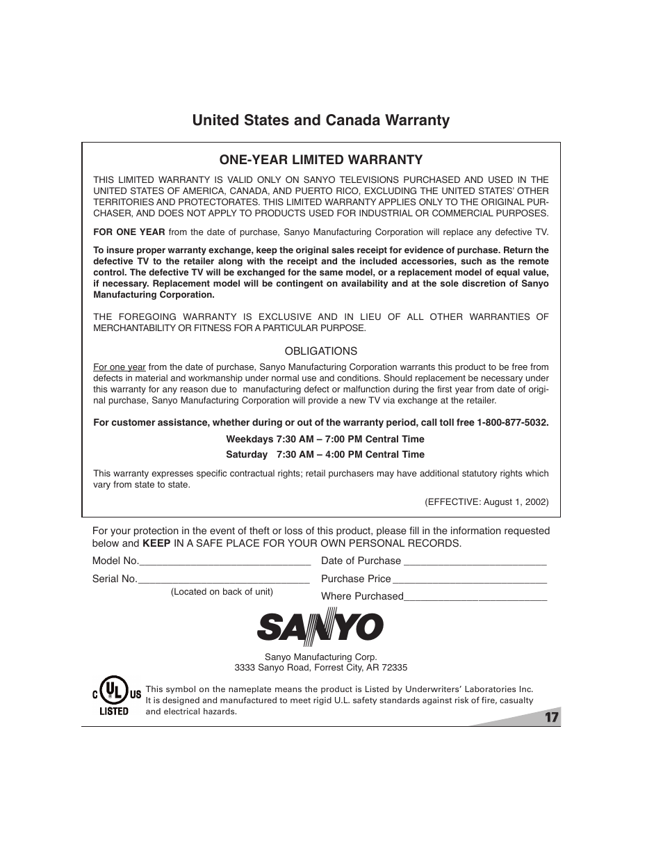 United states and canada warranty | Sanyo DS27224 User Manual | Page 17 / 47